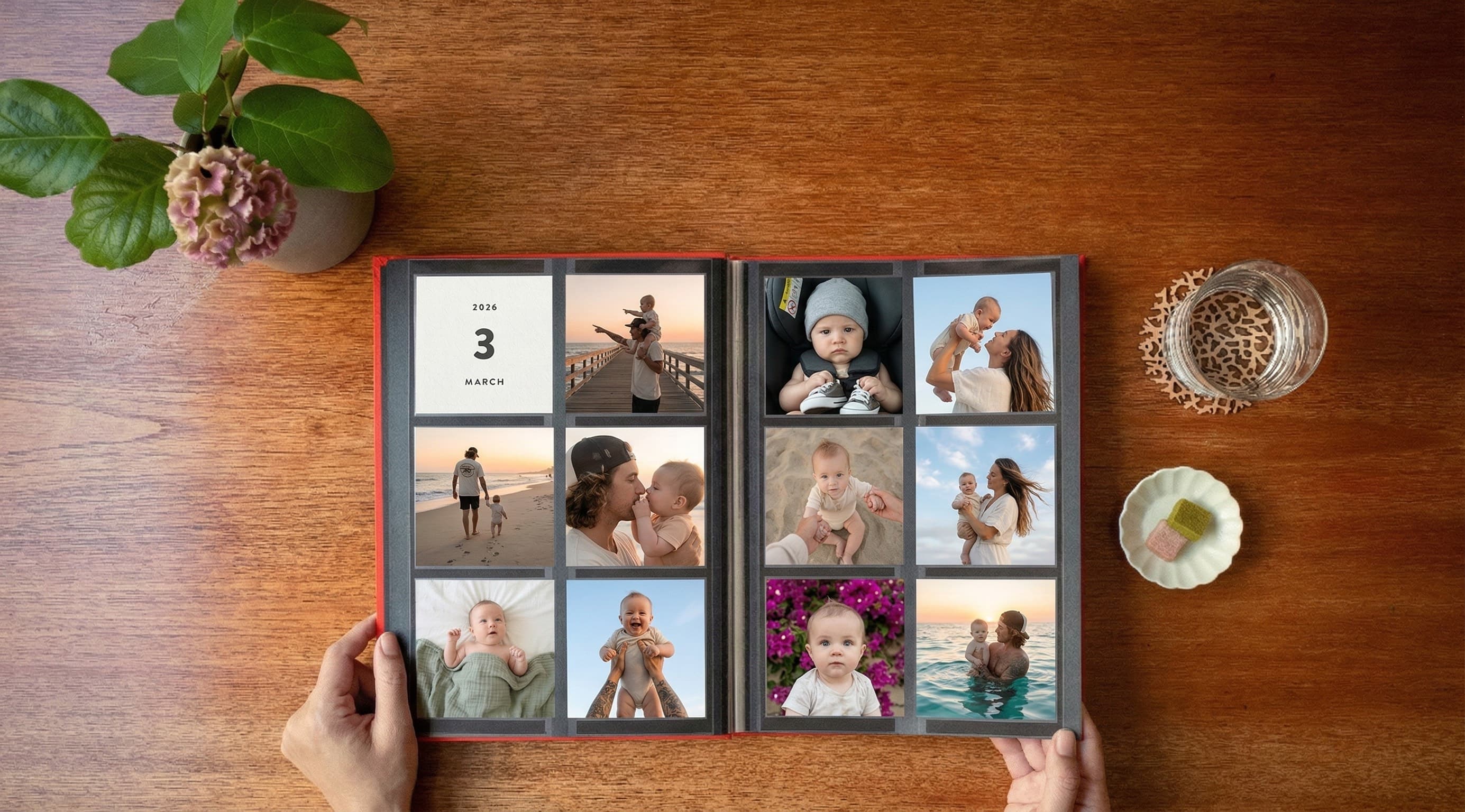 An open photo album filled with square prints on a warm wooden table