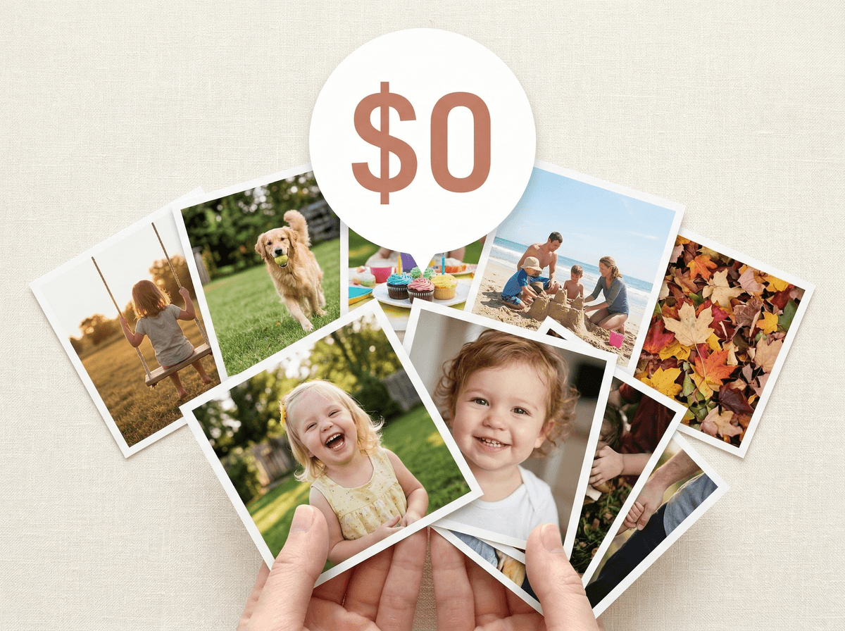 Hands holding free square photo prints with a $0 badge